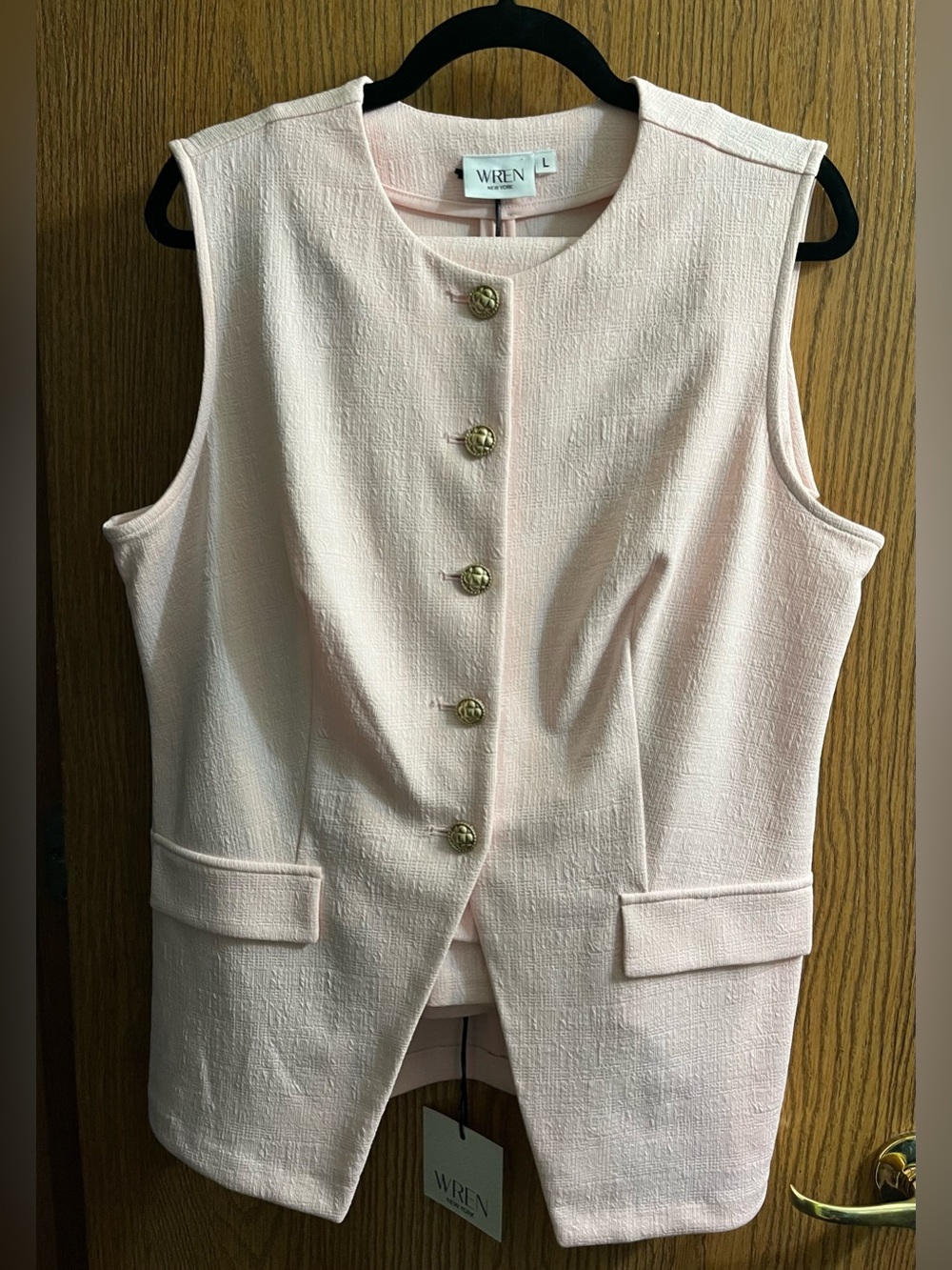 Wren Sleeveless Pantsuit 
with Textured Vest in Pale Pink with Gold Buttons